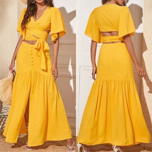 Cross Wrap Blouse & Split Hem Skirt 2 piece set -Yellow - Picture 2 of 8